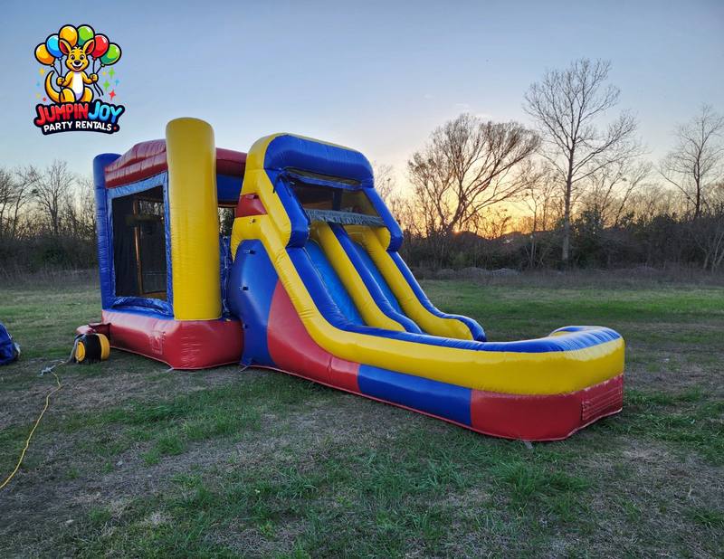 Combo bounce house and water slide moonwalk rental Round Rock TX — red yellow blue inflatable by our team