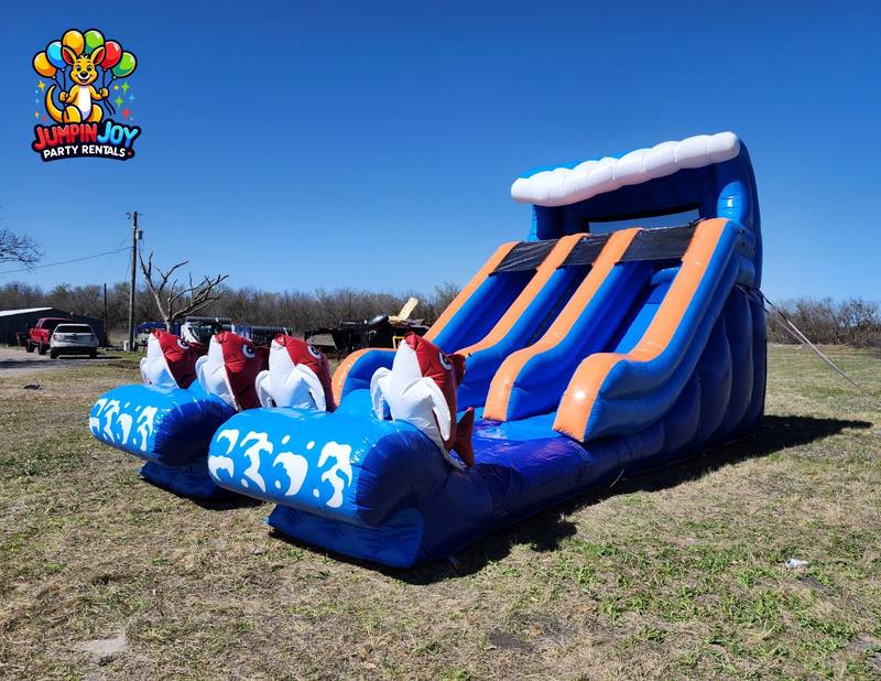 15ft Kahuna Double water slide rental Round Rock TX — shark themed dual lane inflatable by our team